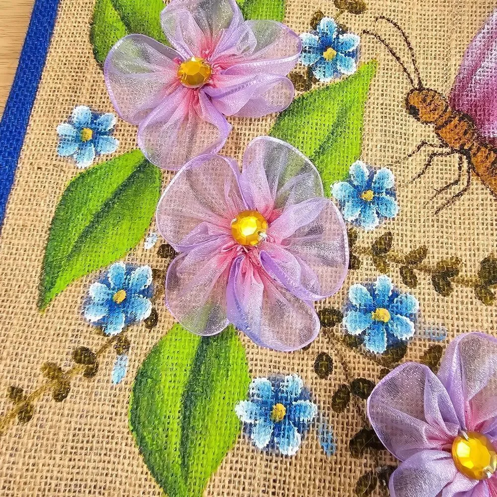 Hand-Made Tote Bag Jute Craft-Fabric Ribbon Flowers Hand Painted Butterfly Gift